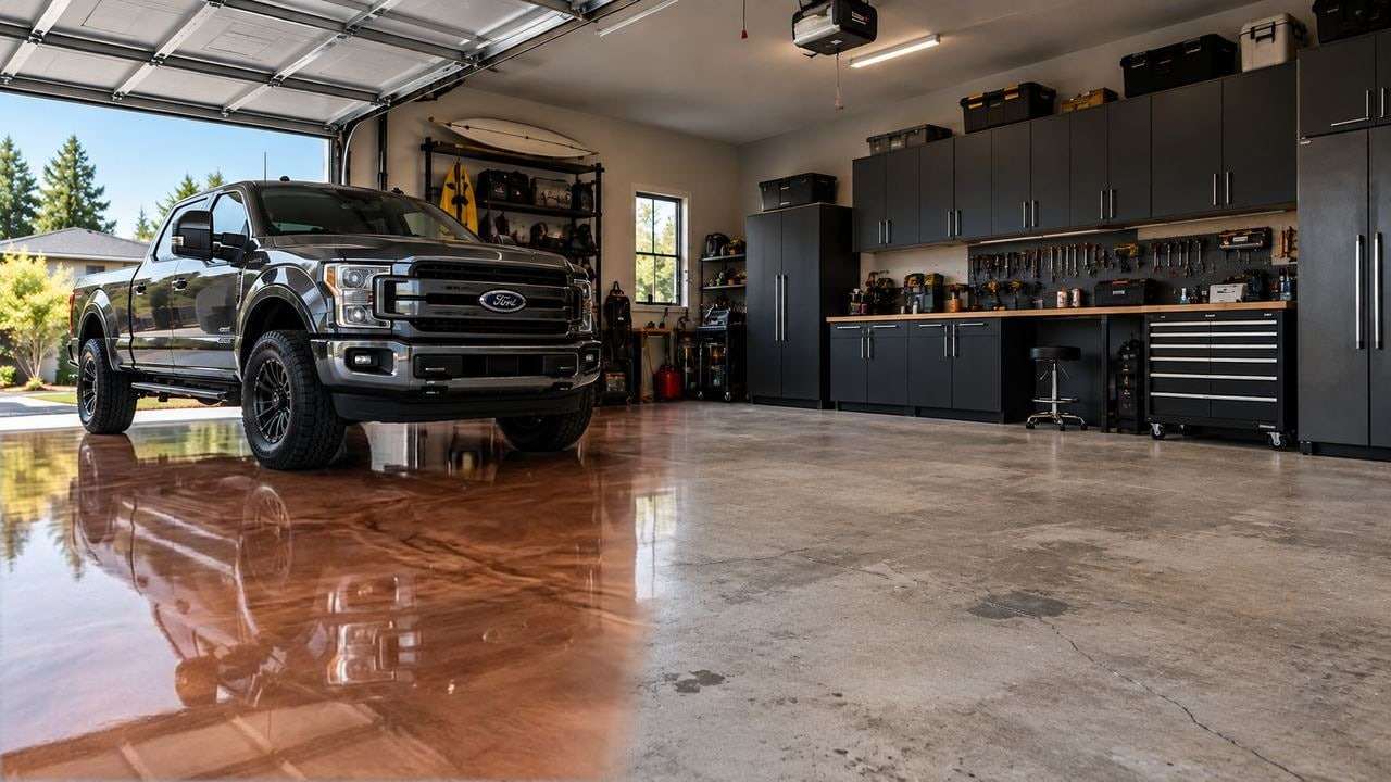 A garage with a pickup truck, half bare concrete and half Copper metallic epoxy, rendered by the Floor Visualizer