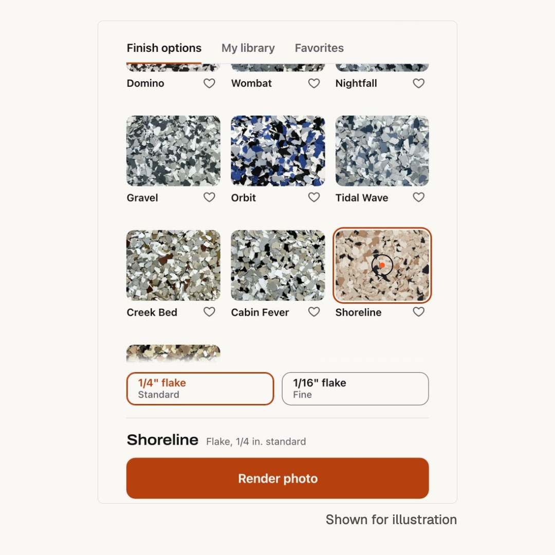 The Floor Visualizer's finish grid with the Shoreline flake blend picked