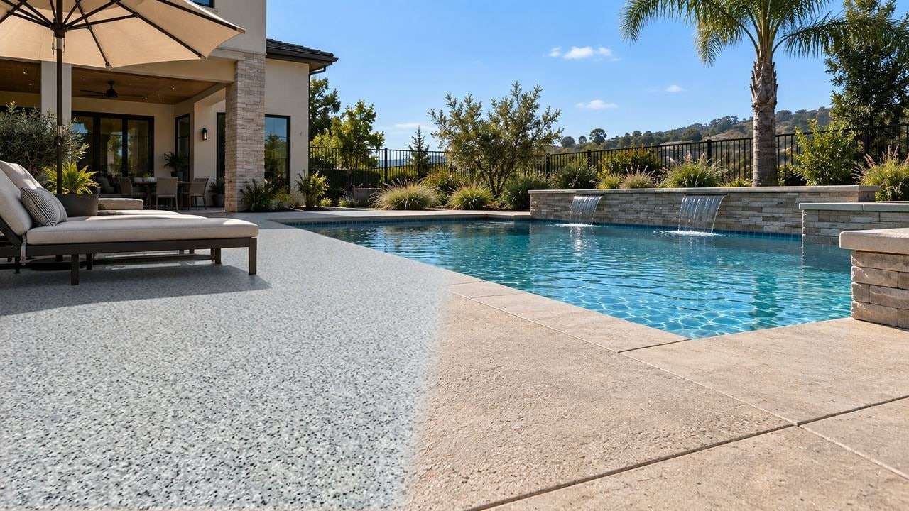 A pool deck, half bare concrete and half Slate quartz, rendered by the Floor Visualizer