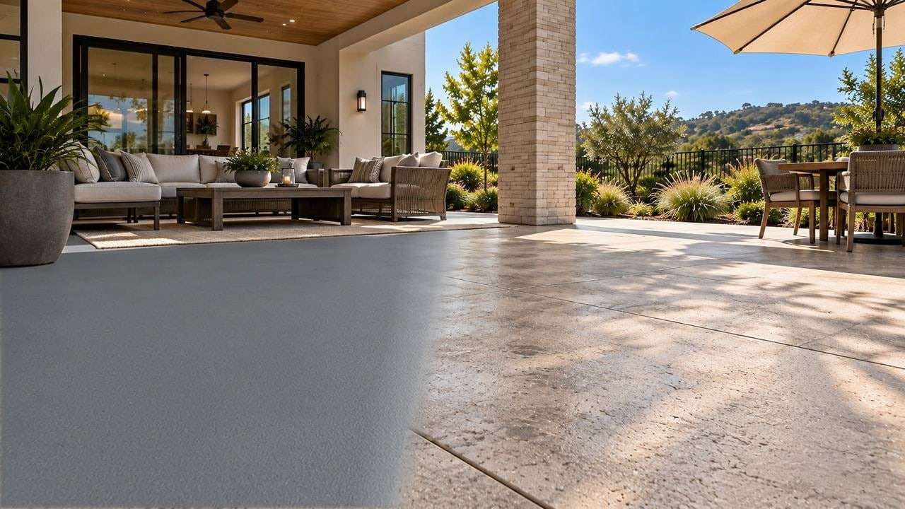 A covered patio, half bare concrete and half Steel Gray solid color, rendered by the Floor Visualizer