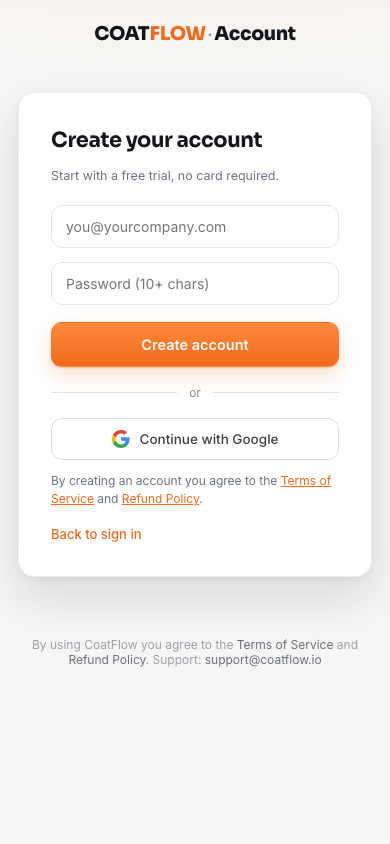 Create account screen with email, password and Google options