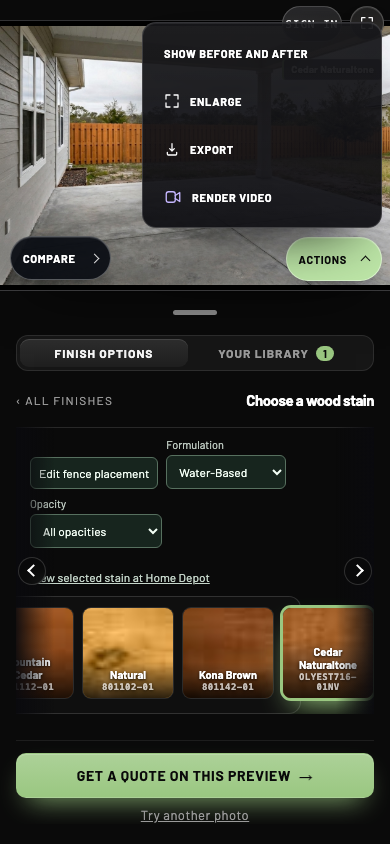 Actions menu on a finished fence preview