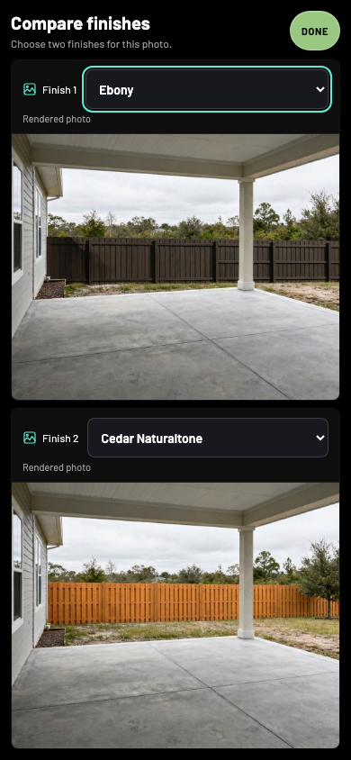 Compare finishes showing Ebony and Cedar Naturaltone fences on the same yard