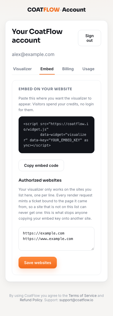 Embed tab with installation code and authorized websites
