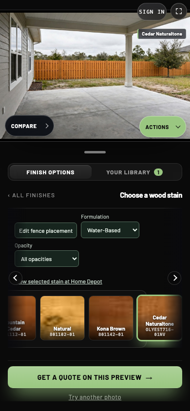 Fence Visualizer showing a stained privacy fence along the back of a yard, beside the stain picker