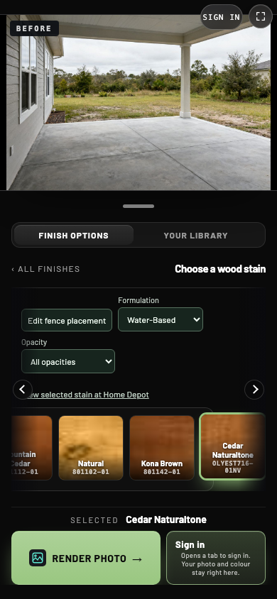 Stain picker with Cedar Naturaltone selected and Render photo ready