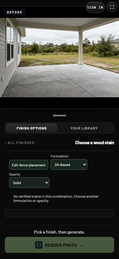 Message saying no verified stains match the chosen formulation and opacity