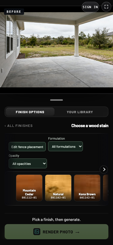 Stain picker with Formulation and Opacity filters and stain tiles