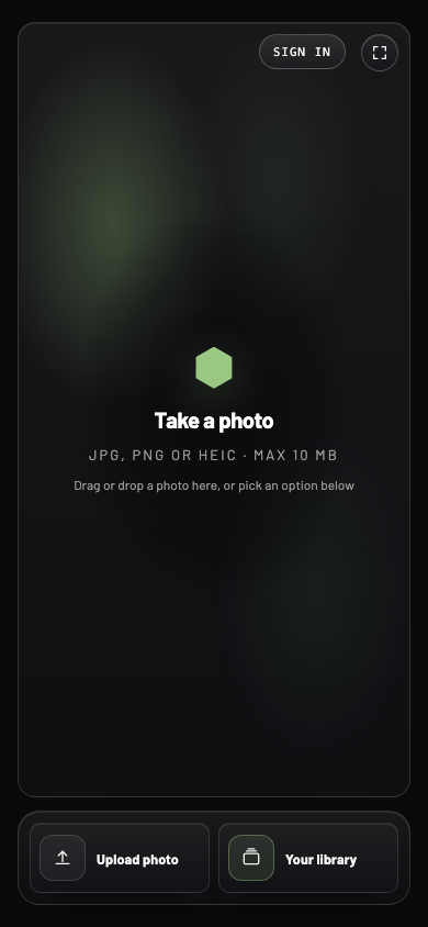 Upload screen with the photo area, Upload photo and Your library
