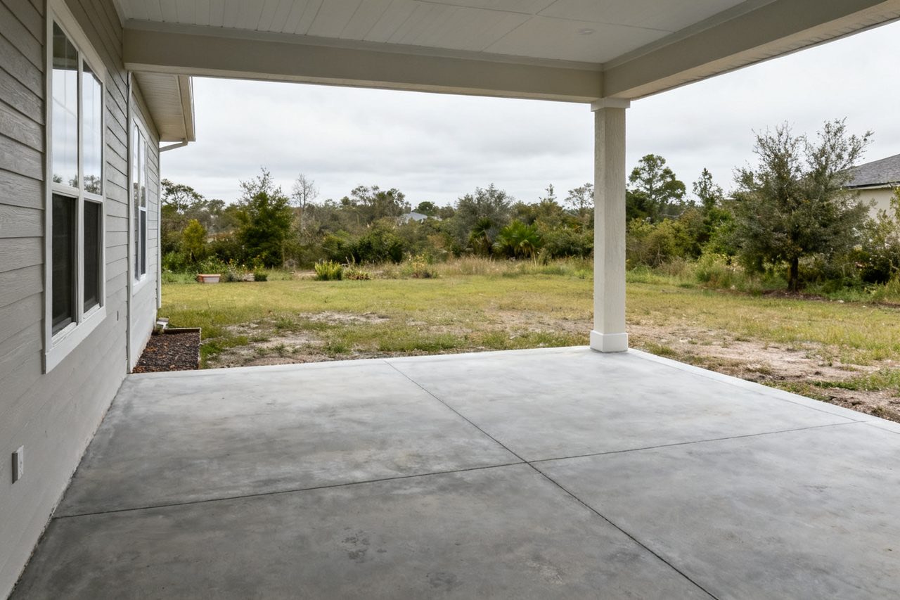An example backyard with a covered patio and an open lawn, shown as it is today and then with a fence rendered by the Fence Visualizer.