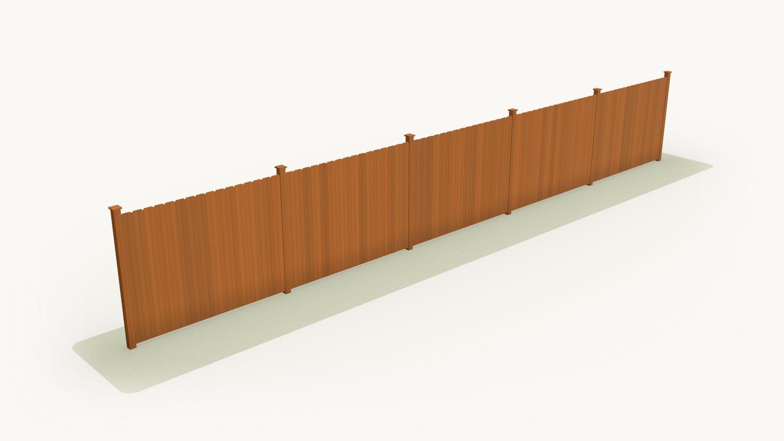 An illustration of a vertical privacy fence in Cedar Naturaltone stain, shown at a three-quarter angle on a strip of grass.