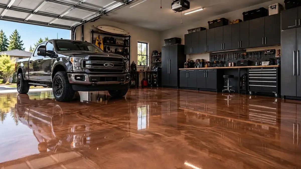 Garage with a pickup truck reflected in a glossy floor previewed in Copper metallic epoxy