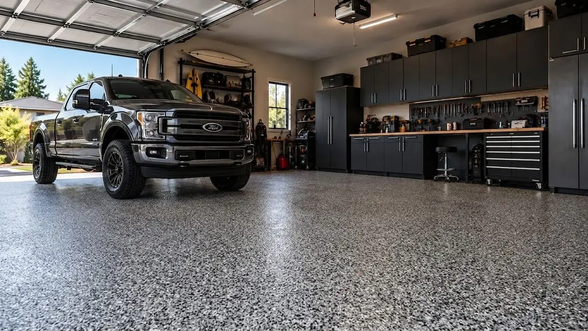 Garage with a pickup truck and black cabinets, the floor previewed in Domino epoxy flake