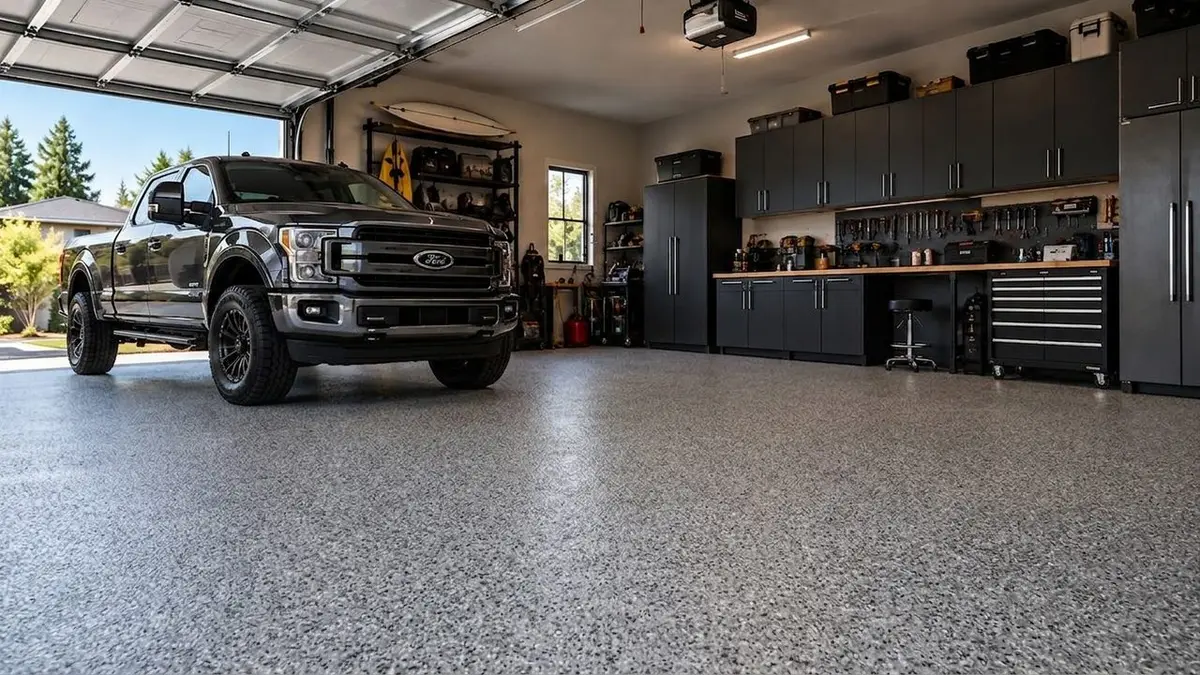 Garage with a pickup truck, the floor previewed in Flint broadcast quartz