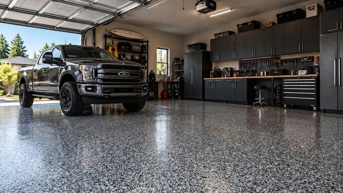 AI preview: a garage with a pickup truck, black cabinets and a workbench, with Nightfall epoxy flake as the finish previewed on the stained concrete slab