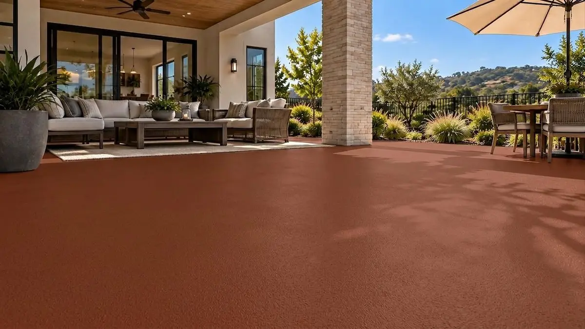 Covered backyard patio with outdoor sofas, the slab previewed in Classic Tile Red solid color