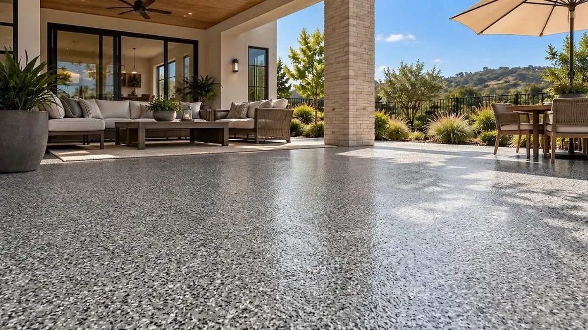 AI preview: A plain concrete patio, then the same patio as an AI preview in the Gravel flake finish