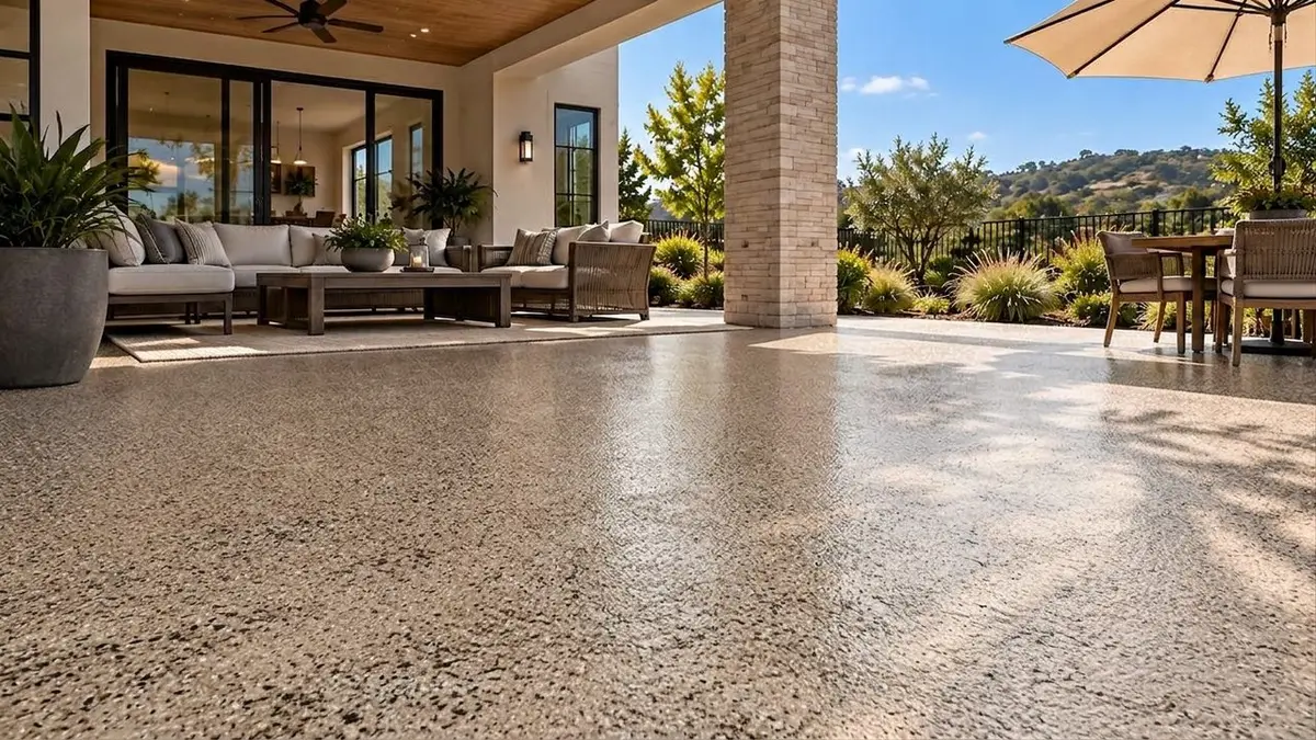 Covered backyard patio with outdoor sofas, the slab previewed in Shoreline epoxy flake