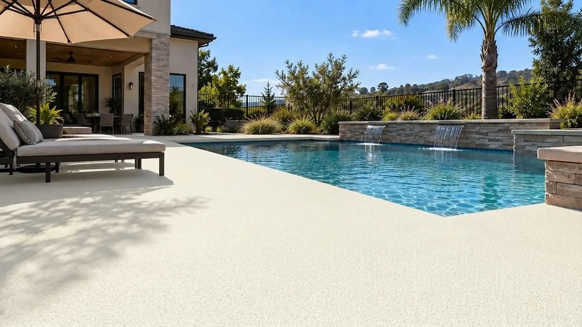 Backyard pool deck previewed in Bone White solid color