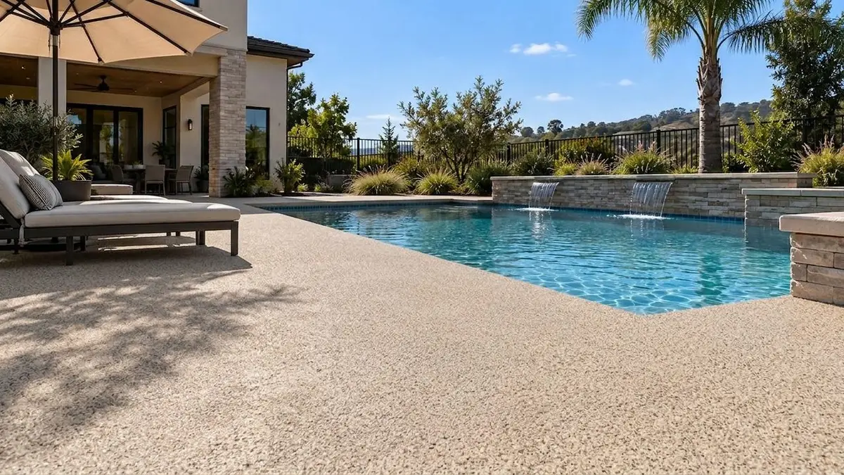 Backyard pool deck previewed in Mojave broadcast quartz, a warm tan speckled finish