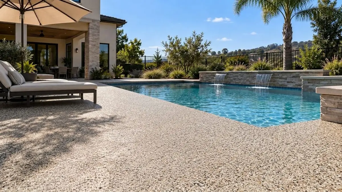 Backyard pool deck with lounge chairs and a palm tree, the deck previewed in Shoreline epoxy flake