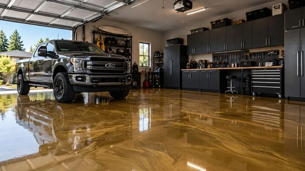 The demo garage with a pickup truck reflected in an Antique Gold metallic epoxy floor