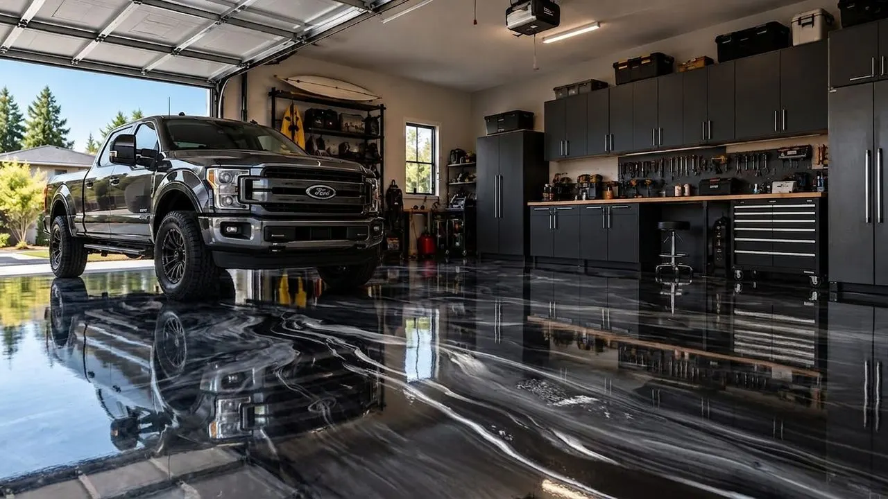 AI preview: The demo garage with a pickup truck: bare, stained concrete before, Black/Grey/White metallic epoxy with white veining after