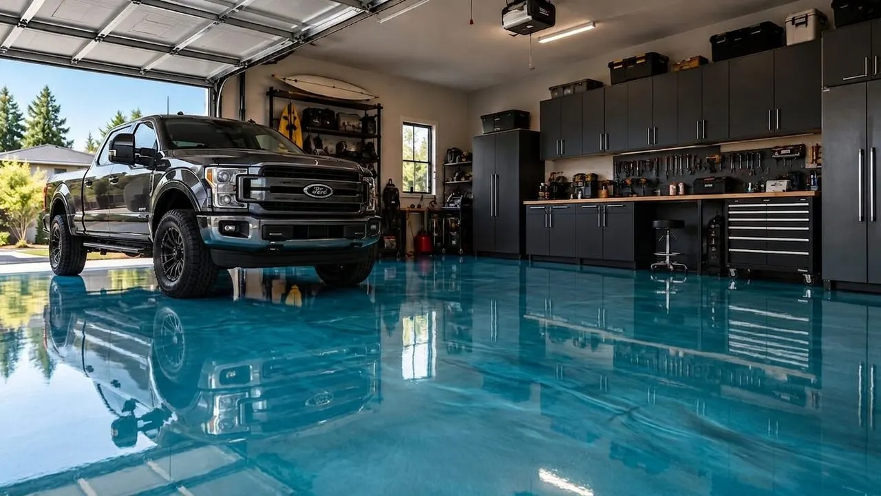 The demo garage with a pickup truck reflected in a Blue Mist metallic epoxy floor