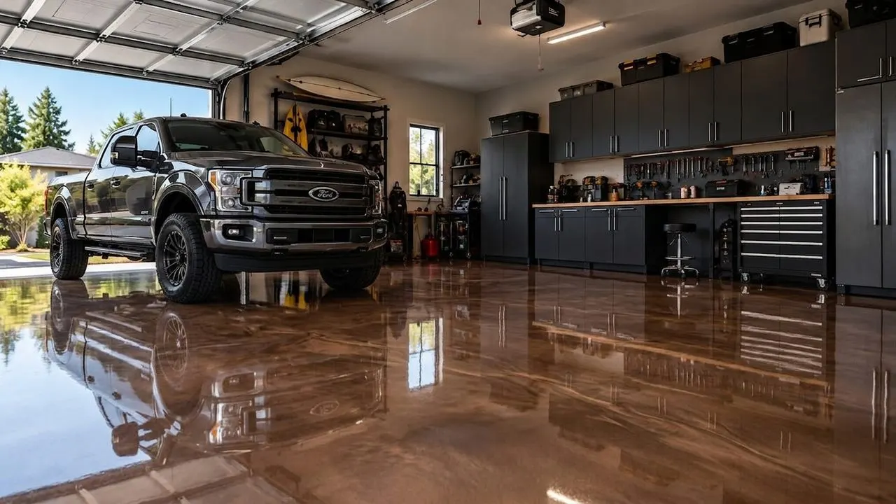 The demo garage with a pickup truck reflected in a Bronze metallic epoxy floor