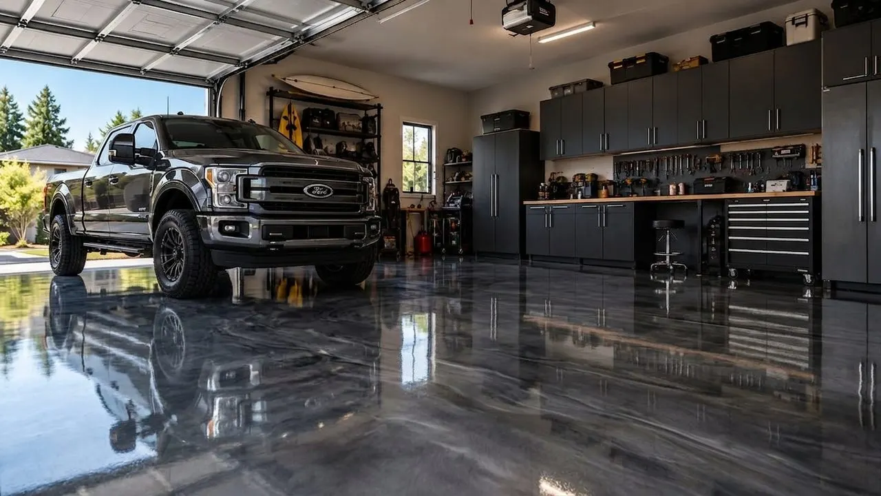 The demo garage with a pickup truck, previewed in Charcoal metallic epoxy with lighter gray movement