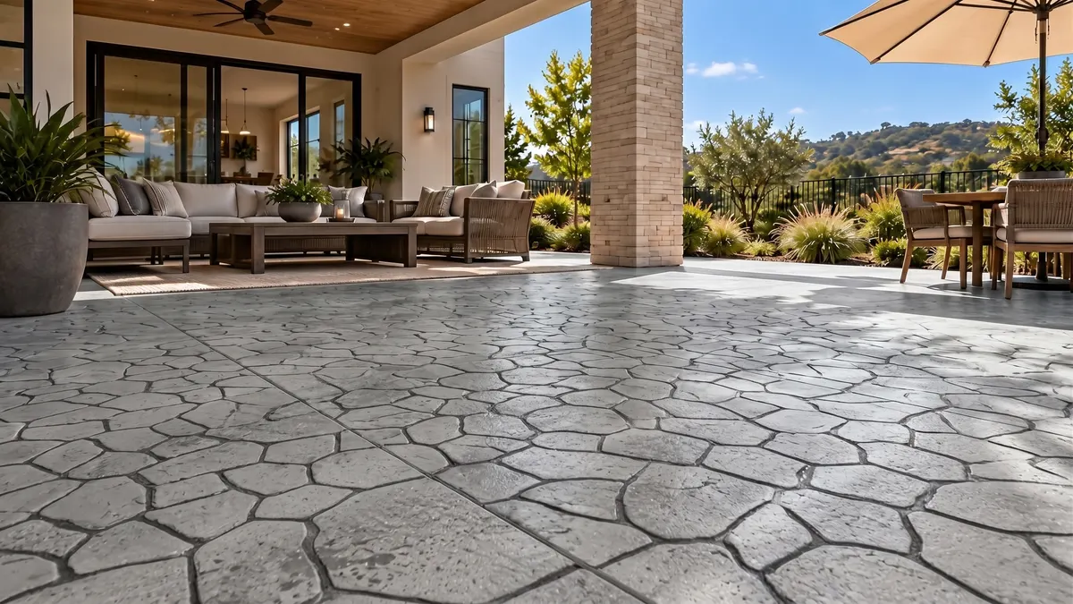 AI preview: the patio in Brookside Flagstone stamped concrete, Natural with Dark Gray antiquing