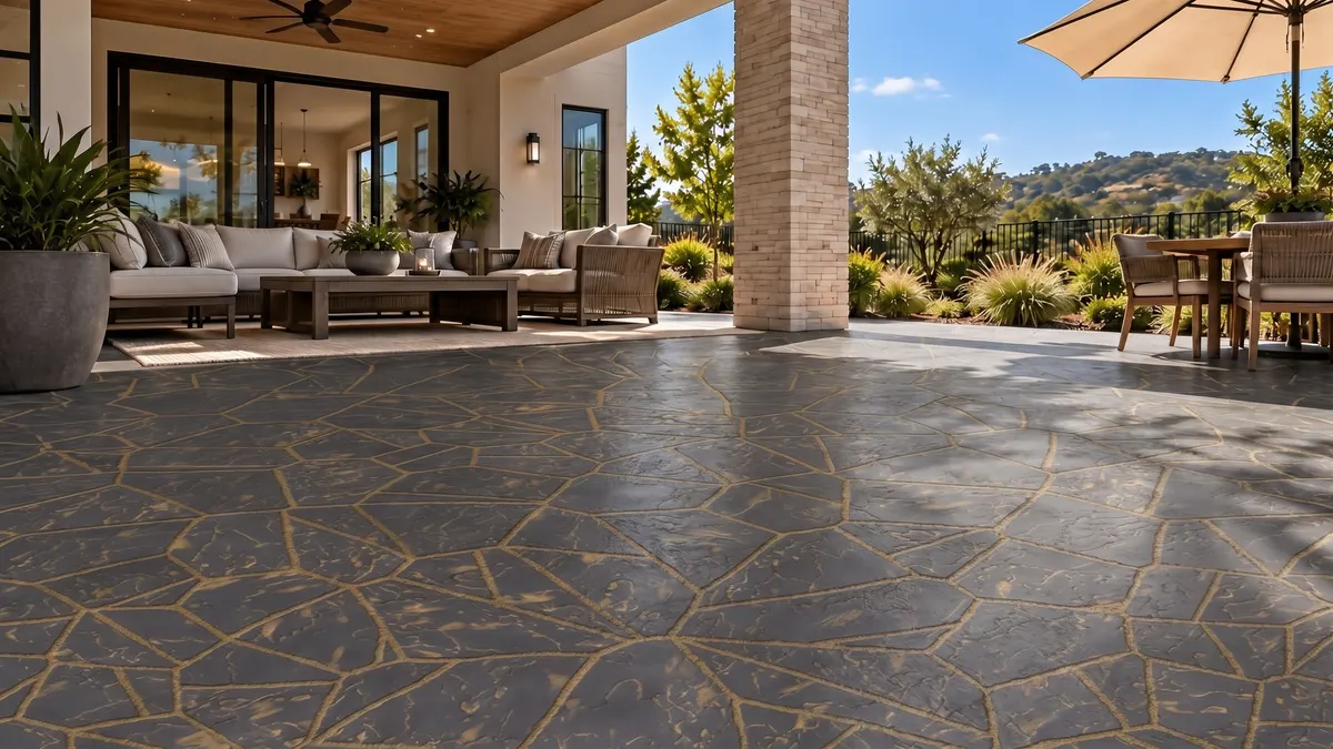AI preview: the patio in Cliffside Slate stamped concrete, Ultra Black with Federal Yellow antiquing