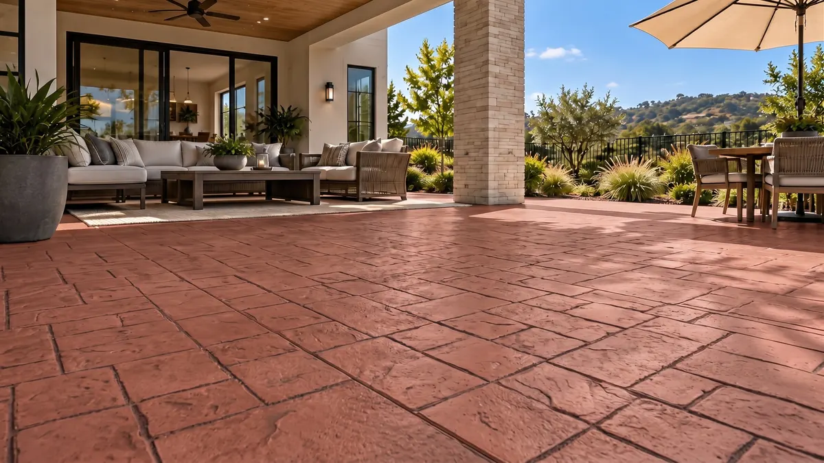 AI preview: the patio in Courtyard Ashlar stamped concrete, Terra Cotta with Walnut antiquing