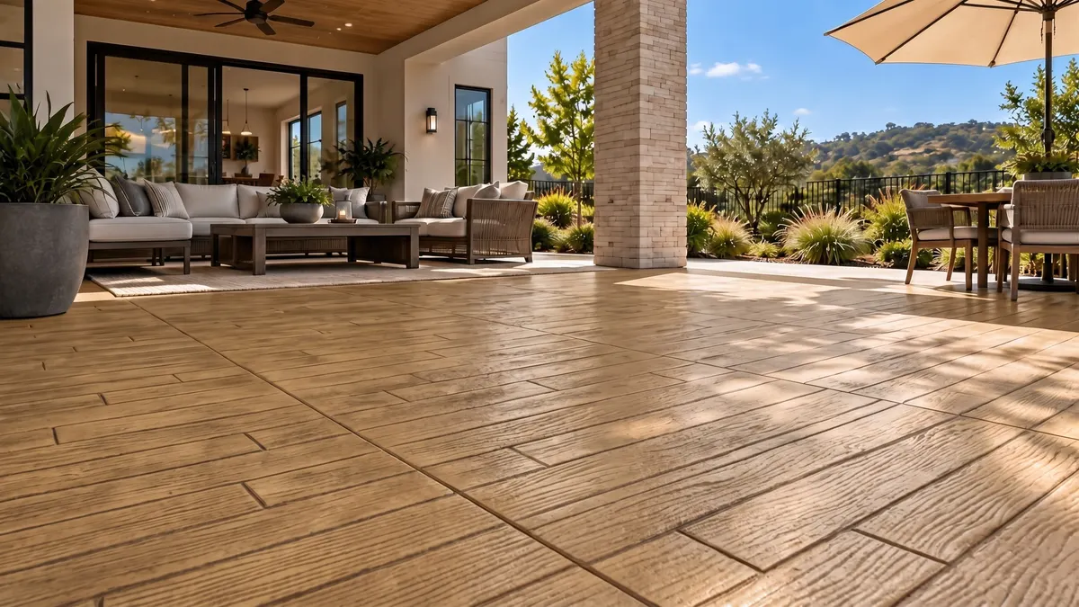 AI preview: the patio in Dockside Plank wood plank stamped concrete, Doeskin with Saddle Brown antiquing