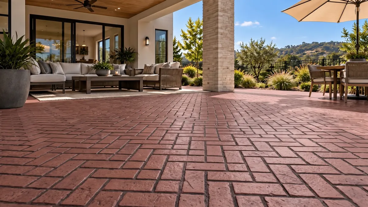 AI preview: the patio in Village Herringbone brick stamped concrete, Brick Red with Dark Gray antiquing