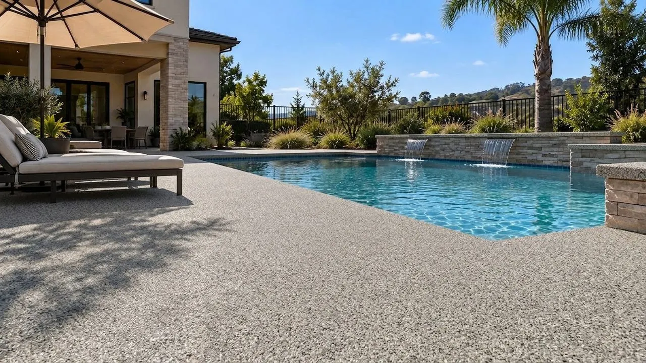 A demo pool deck in Limestone broadcast quartz, rendered by the Floor Visualizer