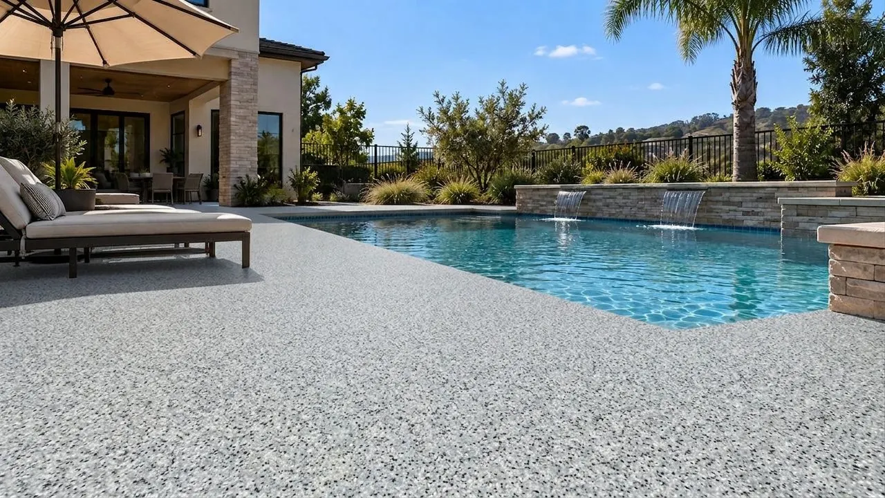 AI preview: The demo pool deck as bare concrete, and the same deck in Slate broadcast quartz, previewed by the CoatFlow Floor Visualizer