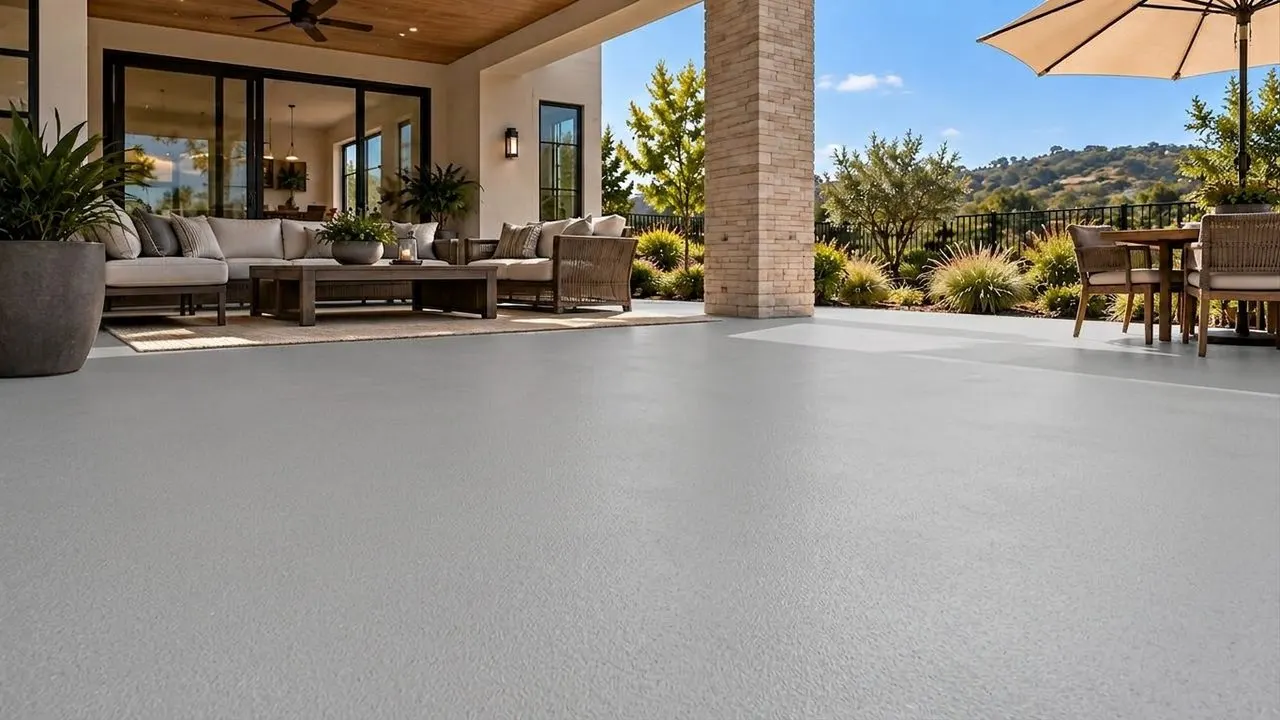 A demo covered patio in Pewter solid color epoxy, rendered by the Floor Visualizer