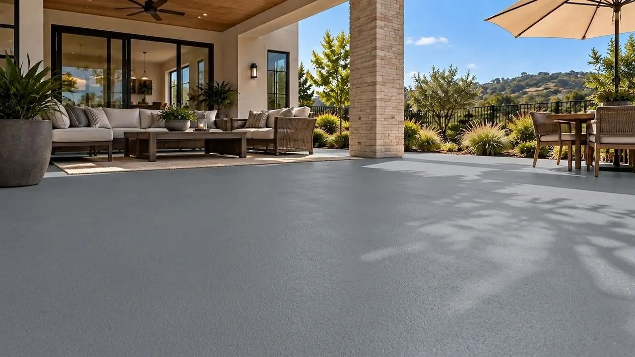 The demo covered patio in Steel Gray solid color epoxy
